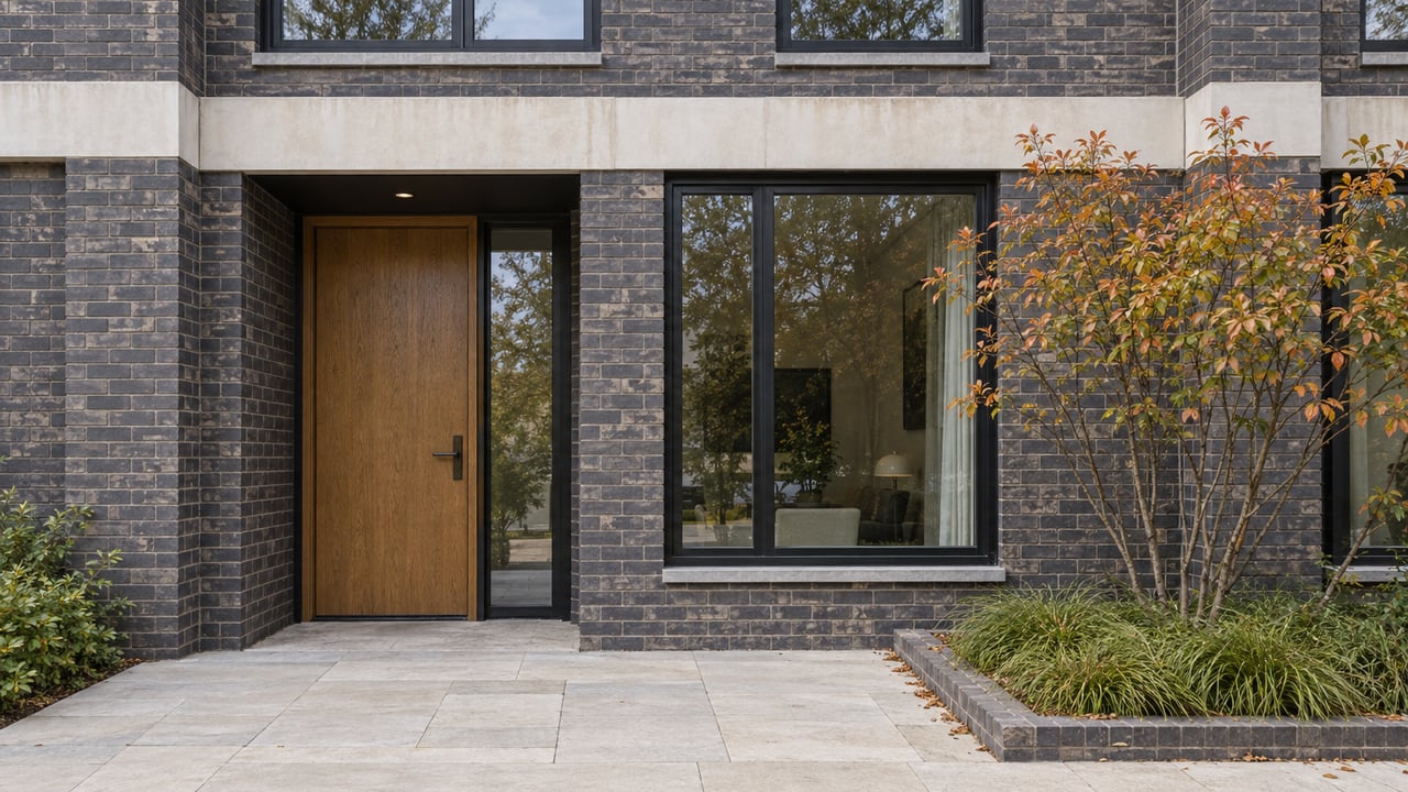 Townhouse entrance with a recessed oak door, charcoal brick, stone courtyard, and a small tree with copper-tipped leaves.