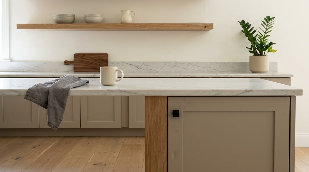 Kitchen island with a gray-veined quartzite counter, greige cabinetry, oak accent panel, and ZZ plant.