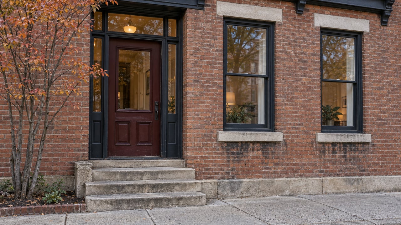 Brick rowhouse facade with a dark red door, paired sash windows, worn limestone steps, and a small tree.