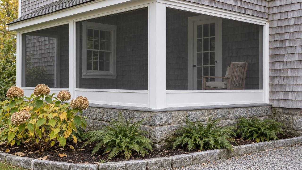 Silver-gray cedar shingles and a white screened porch above a granite foundation, with dried hydrangea blooms in an autumn garden bed.