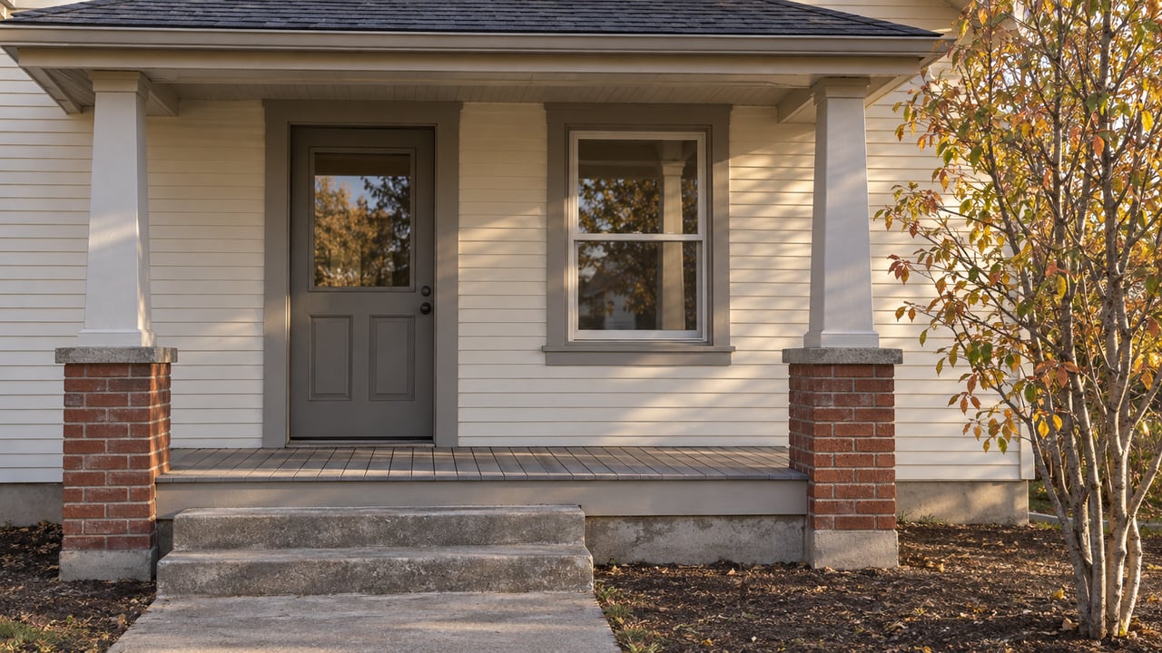 Cream clapboard cottage entry with a gray door, double-hung window, brick-based porch posts, and autumn leaves.