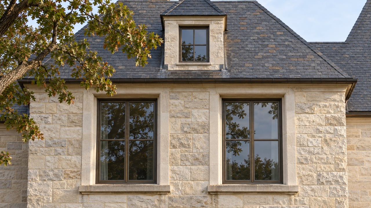 Close architectural view of a limestone home with bronze-framed windows, a slate dormer and a white oak branch.