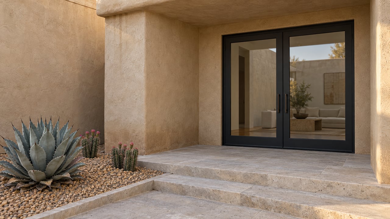Soft-edged stucco portal with closed black-steel glass doors, limestone steps and a blue-gray agave in an edged gravel bed.
