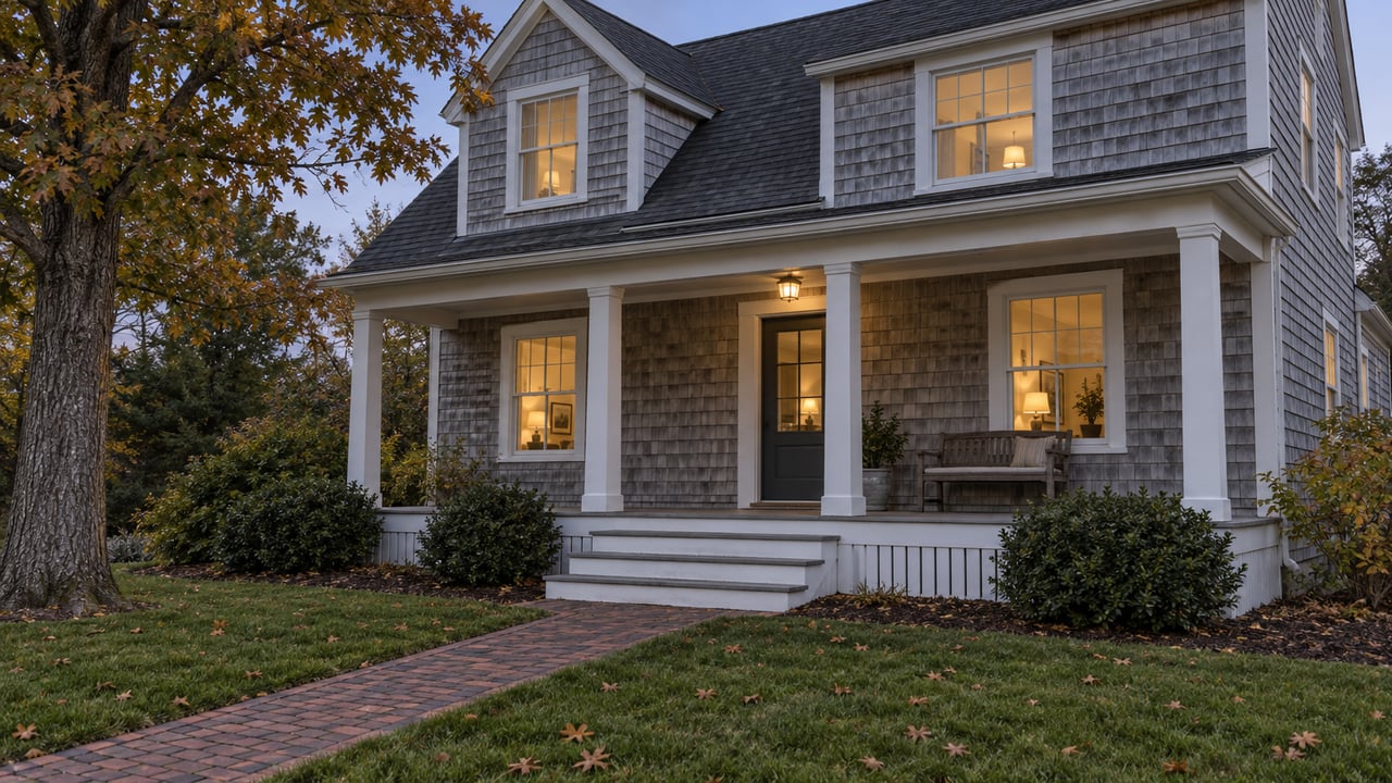 A gray-shingled home with a covered white porch, brick front walk and softly glowing windows at dusk.