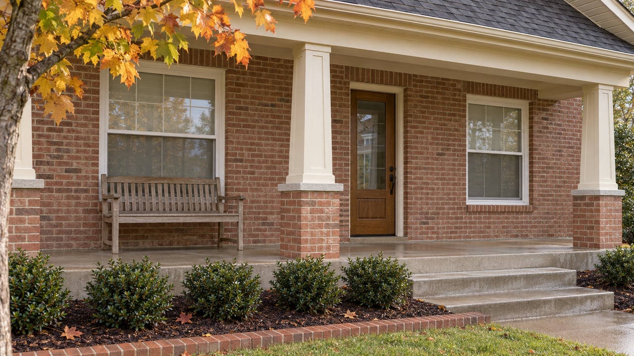 A brick home's covered porch with cream columns, a wooden front door, a teak bench and amber maple leaves.
