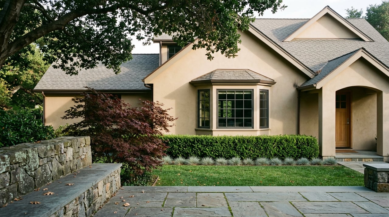 A stone terrace overlooks a lawn and stucco home, with a burgundy Japanese maple and oak canopy.