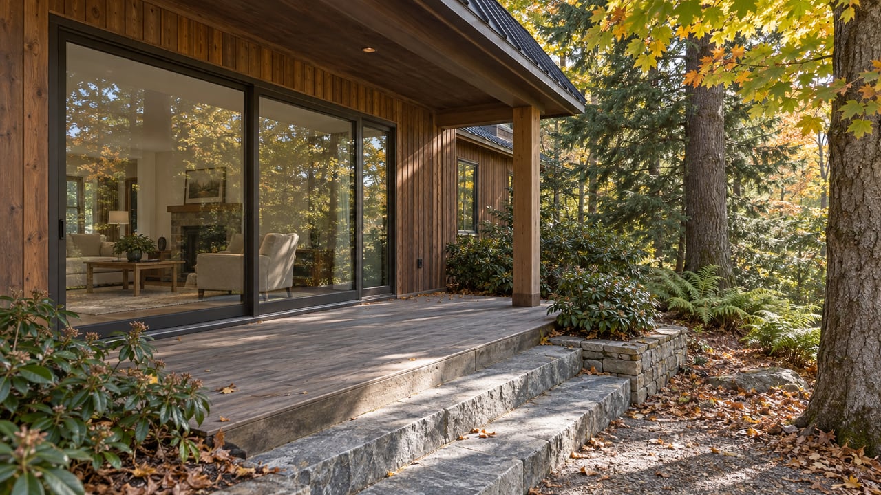 Cedar-clad home beside a covered terrace, with glass doors, stone steps, and maple trees.