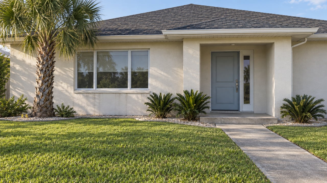 Sunlit single-story stucco home with a broad front lawn, concrete entry walk, pale blue-gray front door and a mature palm.