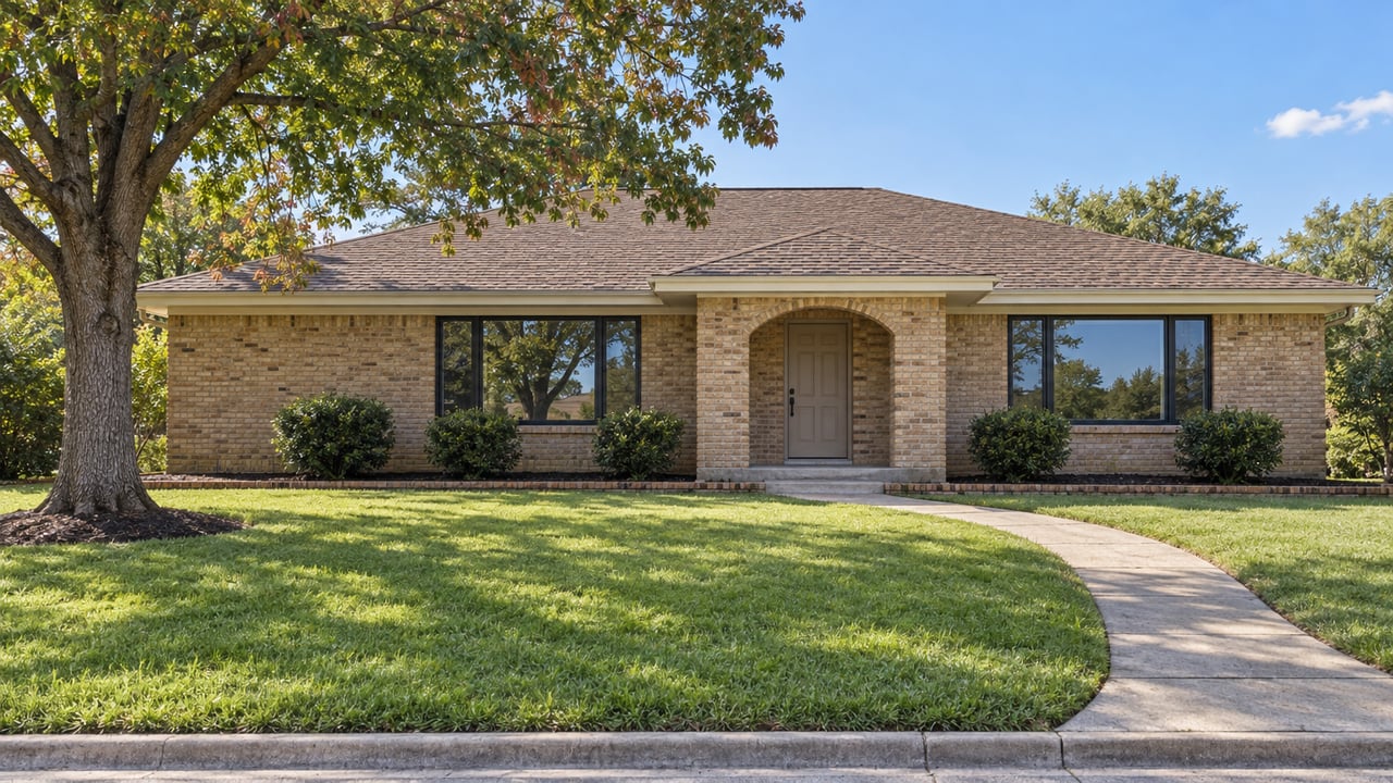Warm beige brick ranch with a deep green front lawn, curved concrete walk and one mature shade tree in clear daylight.