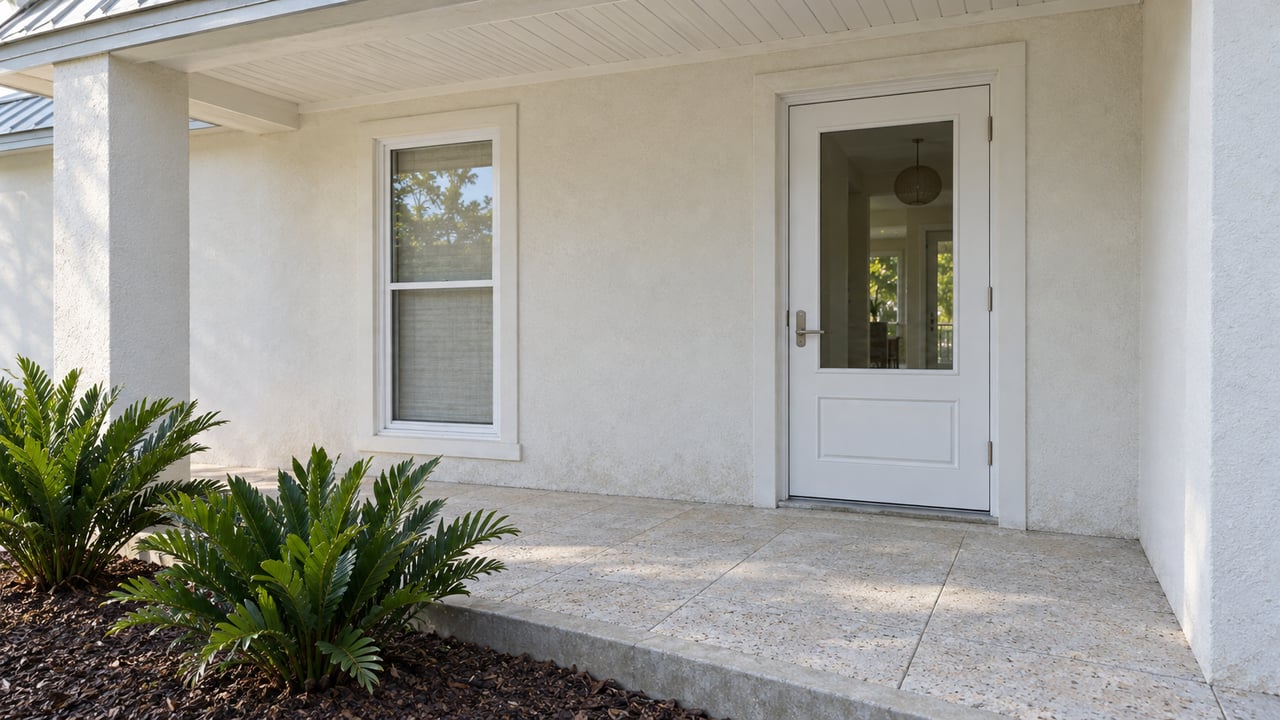 Pale stucco home entry with a glazed door, sheltered shell-aggregate paving and two coontie plants beside a raised concrete border.