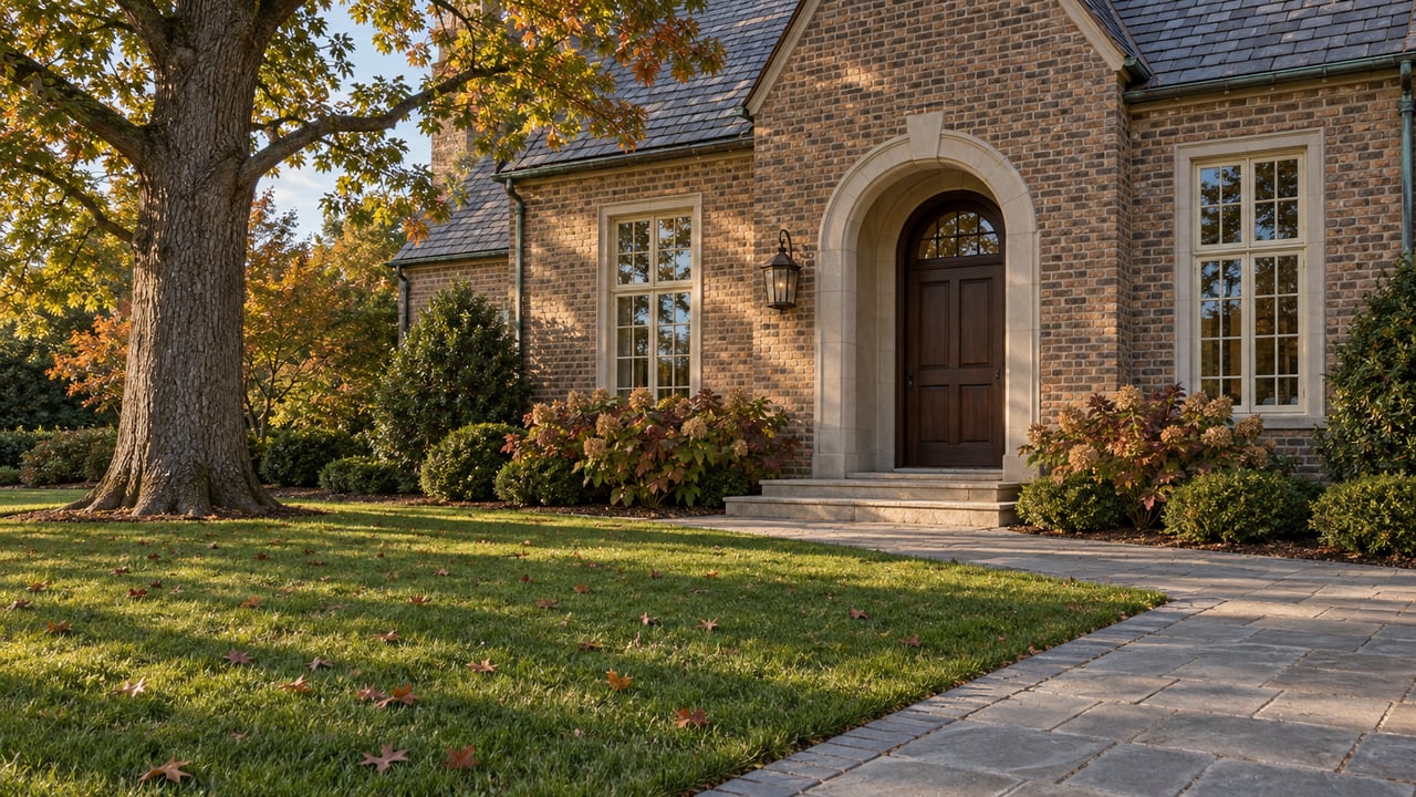 Brick estate entry with a limestone arch, steep slate roof, oak canopy and a stone approach crossing a deep green lawn.