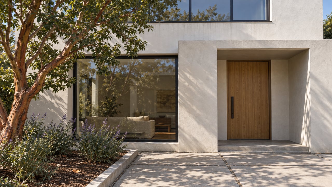 Sunlit stucco home with black-framed windows, a recessed oak entry, and a sculptural strawberry tree beside concrete paving.