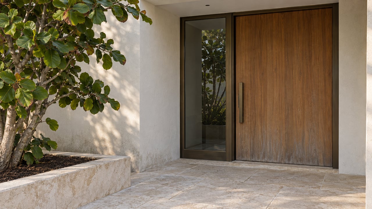 Recessed ivory-stucco entrance with a teak door, bronze-framed sidelight, limestone paving and a sculptural sea grape tree.