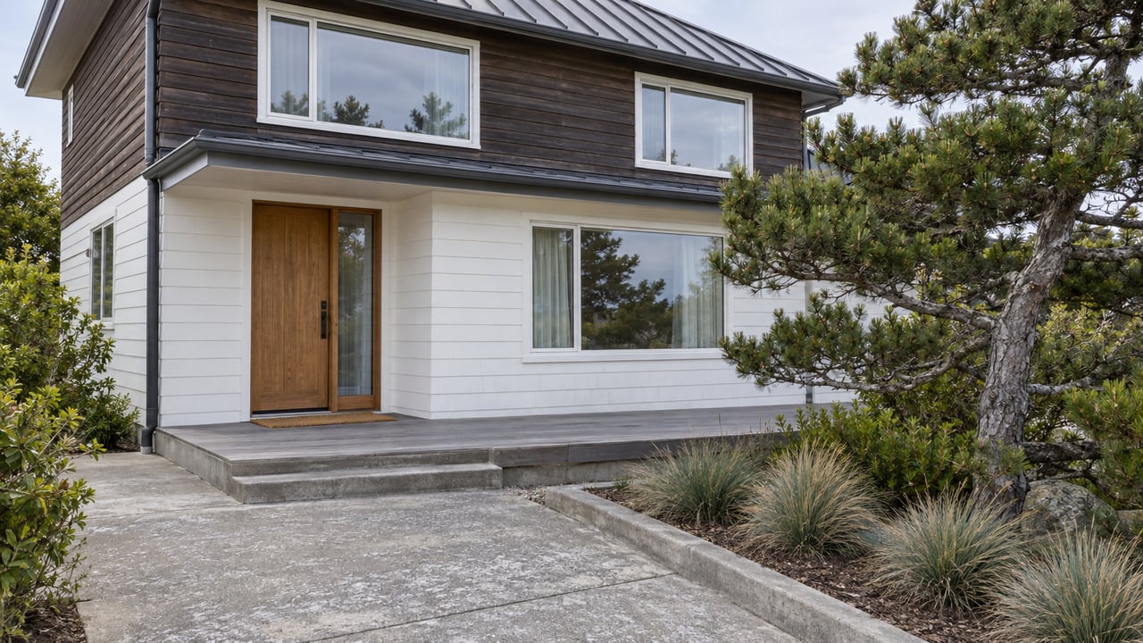 A compact two-story home with dark timber siding, white shiplap and a weathered gray entry terrace beside a wind-shaped pine.