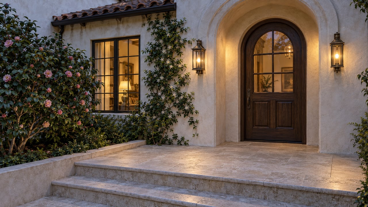 Blue-hour view of a cream stucco villa entry with an arched oak door, bronze window frames, limestone steps and glossy climbing foliage.