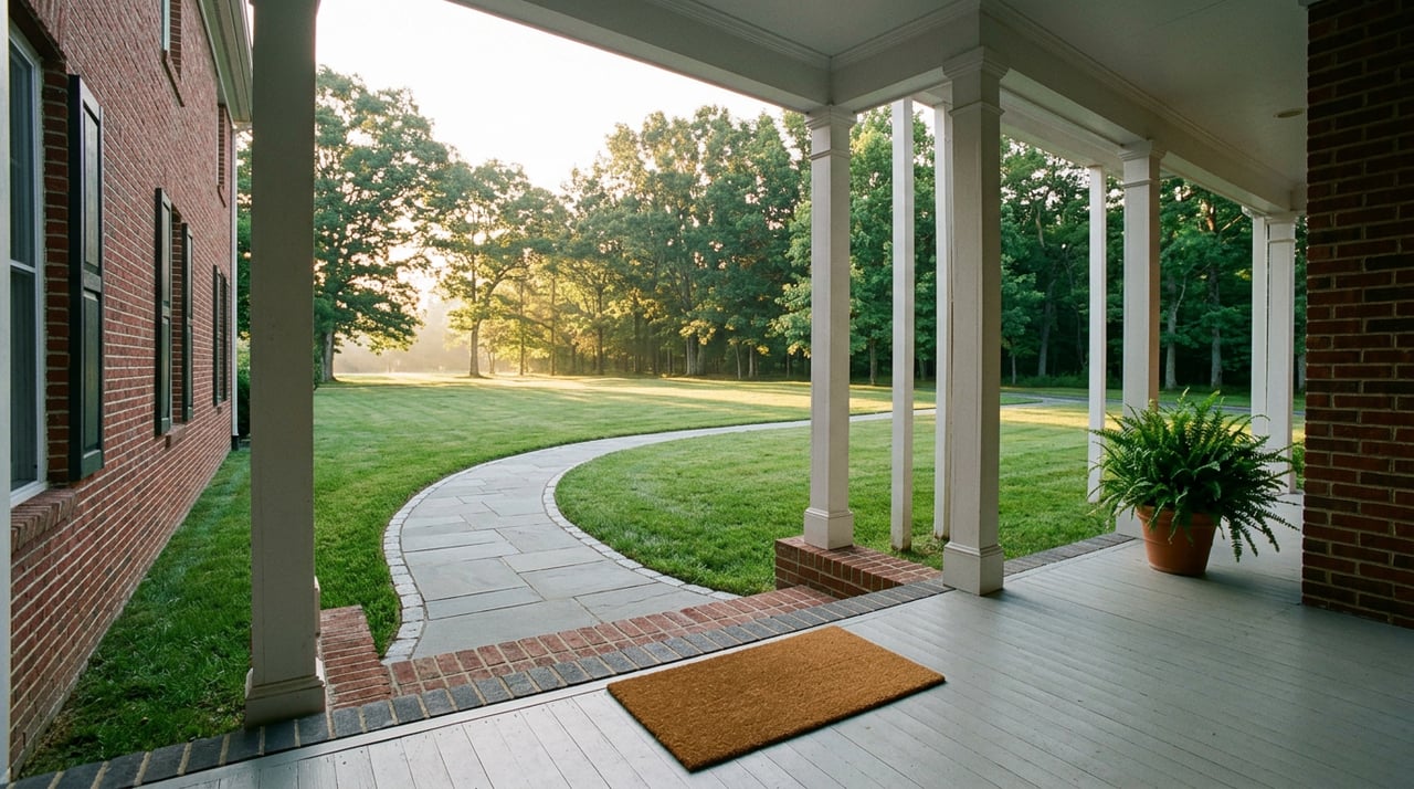 Covered brick porch with painted columns overlooking a lawn, curved bluestone path, and magnolia trees.