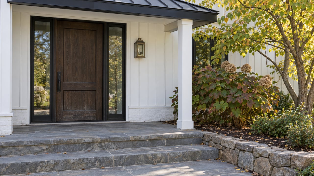 Morning light on a white board-and-batten home entrance with a dark oak door, paired glass sidelights, bluestone steps and autumn oakleaf hydrangea.