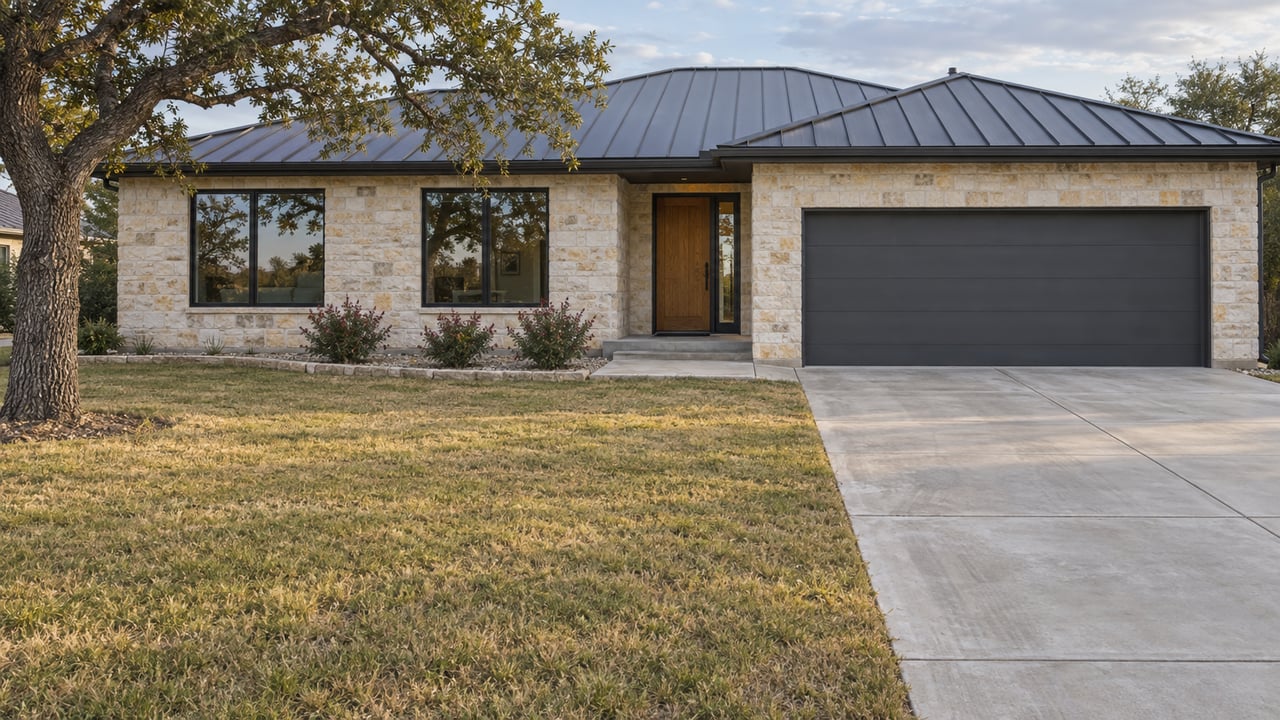 Single-story limestone home with a charcoal metal roof, recessed entry and broad autumn lawn beneath a spreading live oak.
