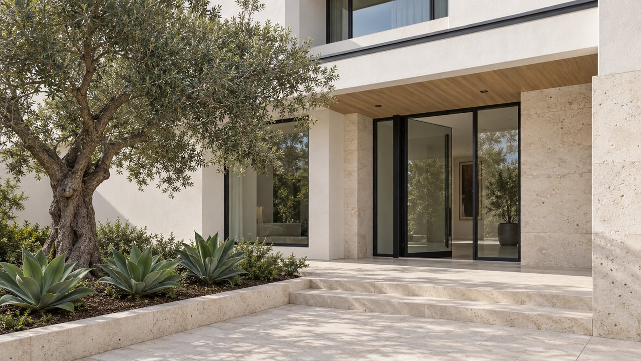 White stucco home entry with a black-framed glass door, limestone approach, olive tree, and agaves.