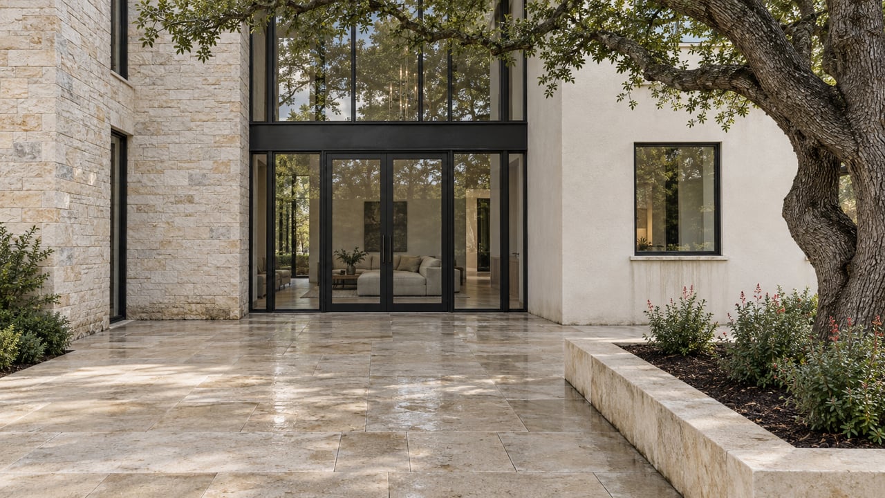 A limestone and warm-white stucco home opens onto a damp stone courtyard beside a mature live oak and a raised planting bed.