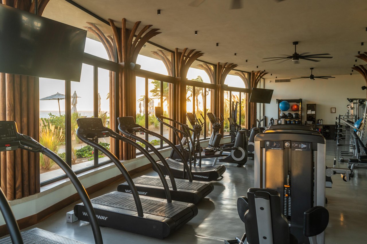 Fitness center with rows of cardio machines beside arched windows overlooking tropical landscaping and the ocean.