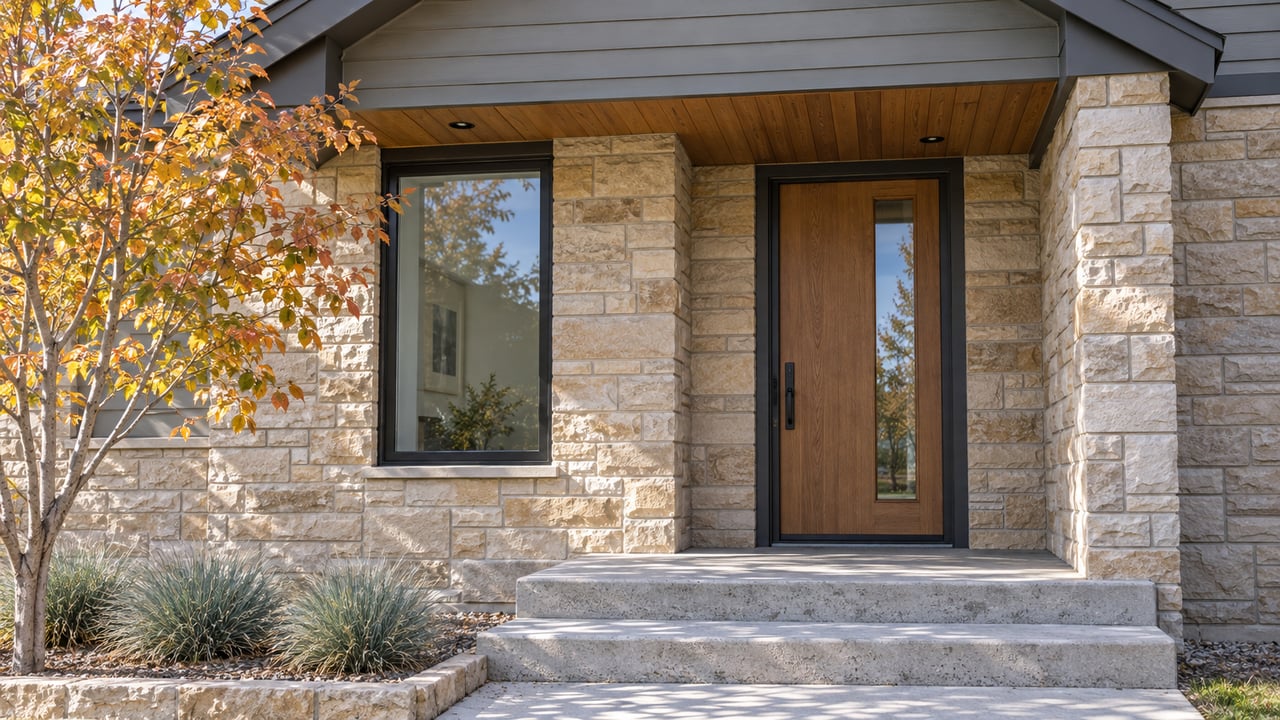 Sunlit sandstone and warm-gray siding surround an oak front door beneath a wood-lined gabled porch, with autumn serviceberry leaves beside concrete steps.