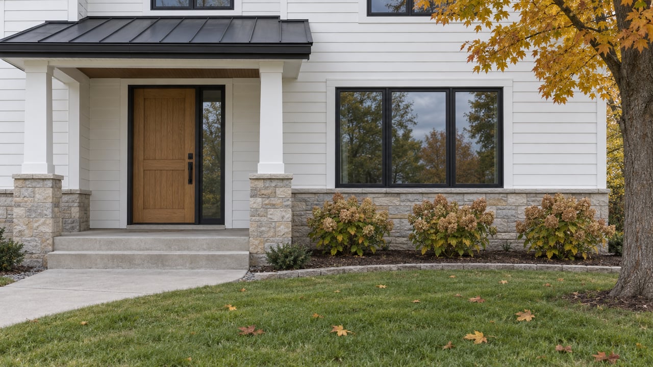 White-sided suburban home with an oak front door, limestone foundation, broad lawn and amber maple foliage on an overcast autumn morning.