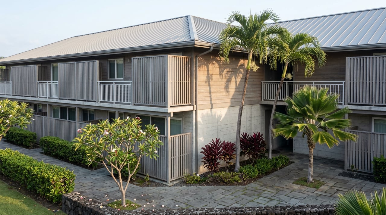 Coastal condominium with weathered wood siding, concrete lower walls, palms, and fallen plumeria blossoms along a stone walkway.