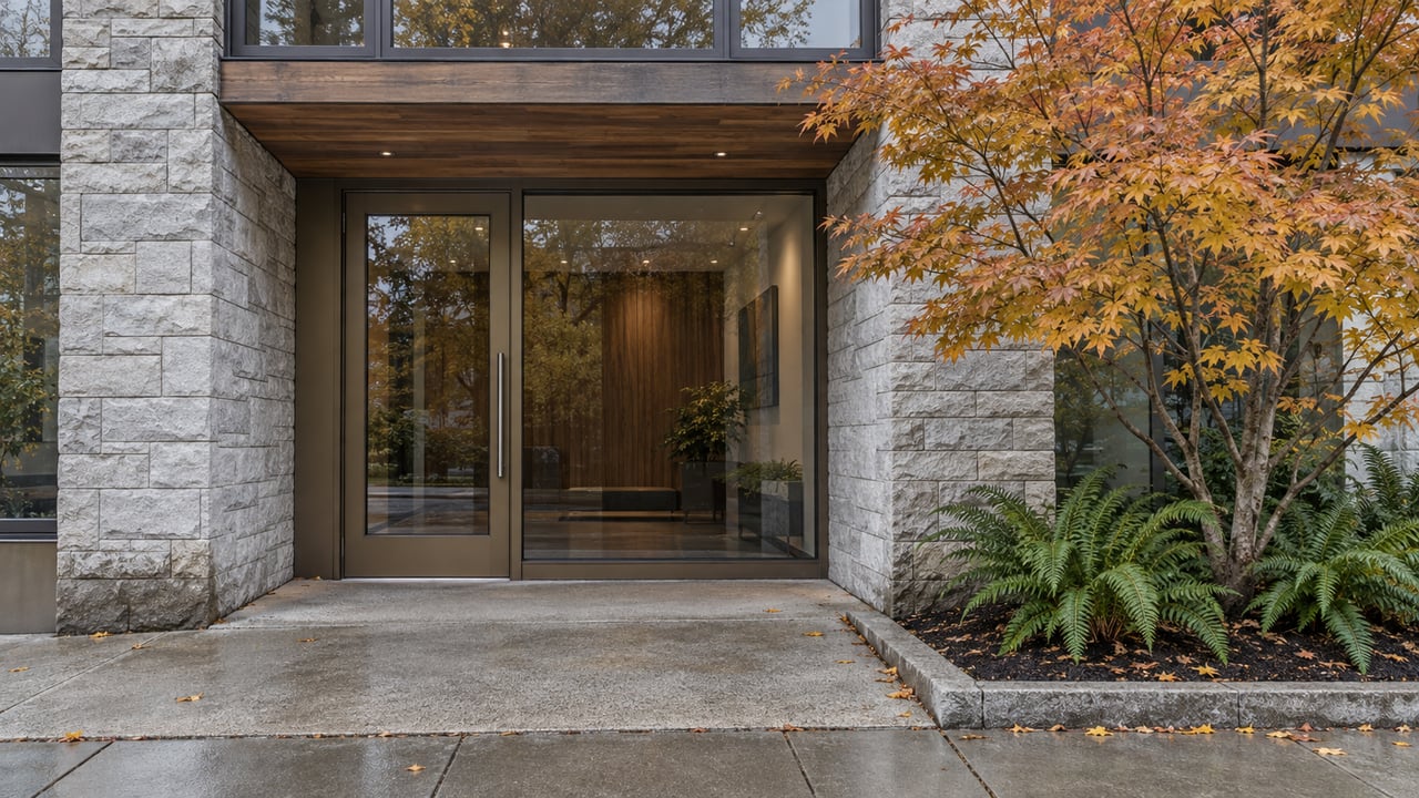 A stone-clad condominium entrance with bronze-framed glazing, a cedar soffit, and an autumn vine maple beside the concrete approach.