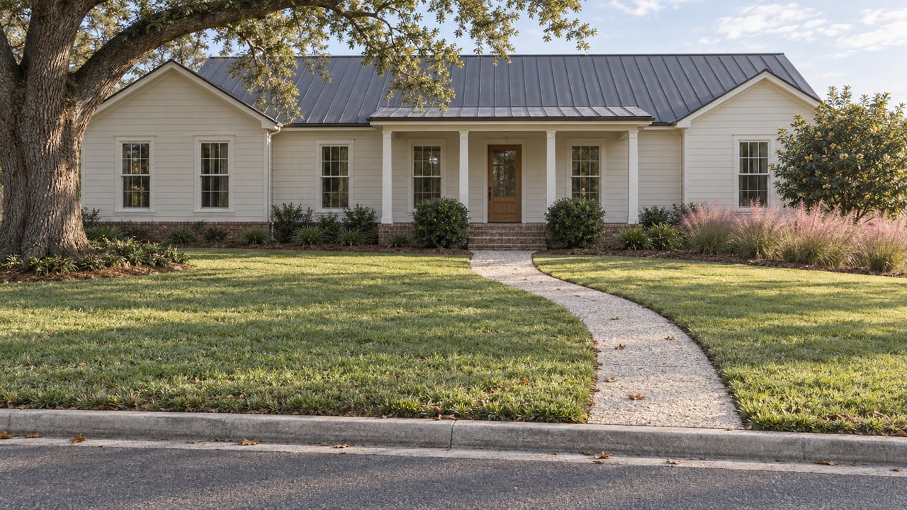 Ivory single-story home with a centered porch, shell-aggregate walk, broad lawn, and mature oak limb.