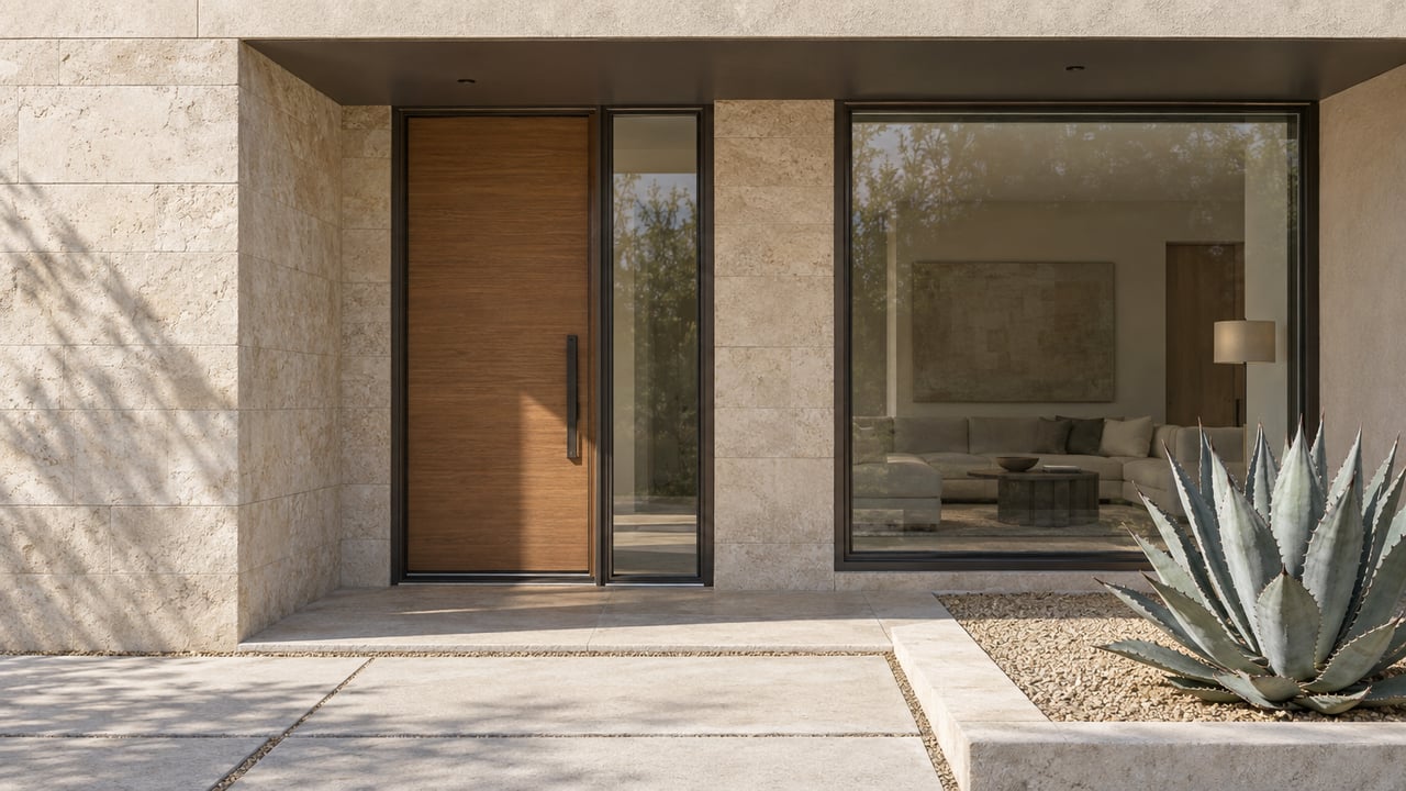 Residential entry with a warm wood door, limestone walls, and a blue-gray agave in a stone-edged planting bed.