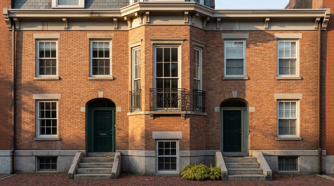 Red-brick rowhouse facade with a green door, granite stoop, iron-guarded bay window, and golden honeylocust leaves.