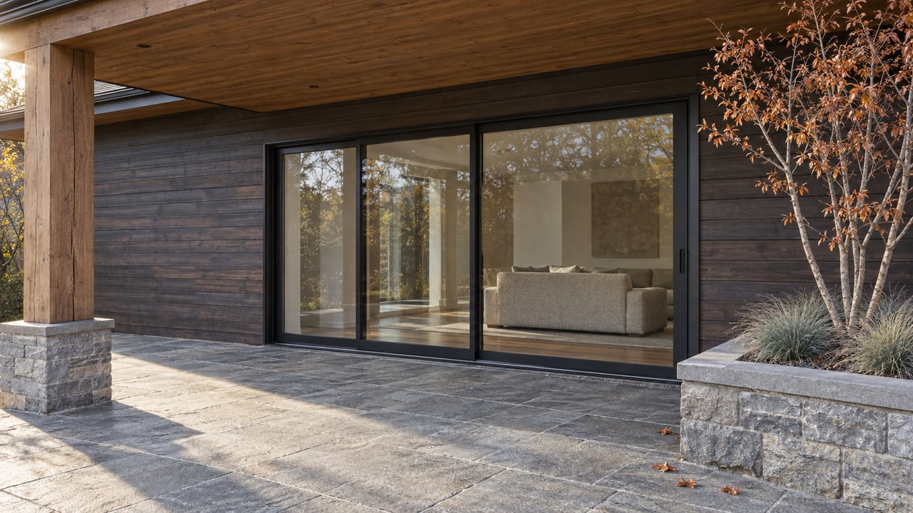 Timber-covered terrace with dark wood cladding, closed glass doors and a stone planter holding copper-leaved serviceberry.