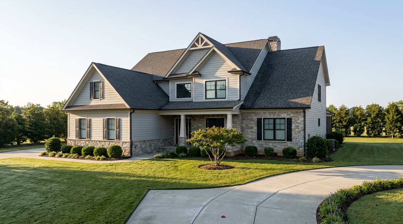 Two-story gray-sided house with stone accents, gabled roof, curving driveway, lawn, and multi-stem redbud.