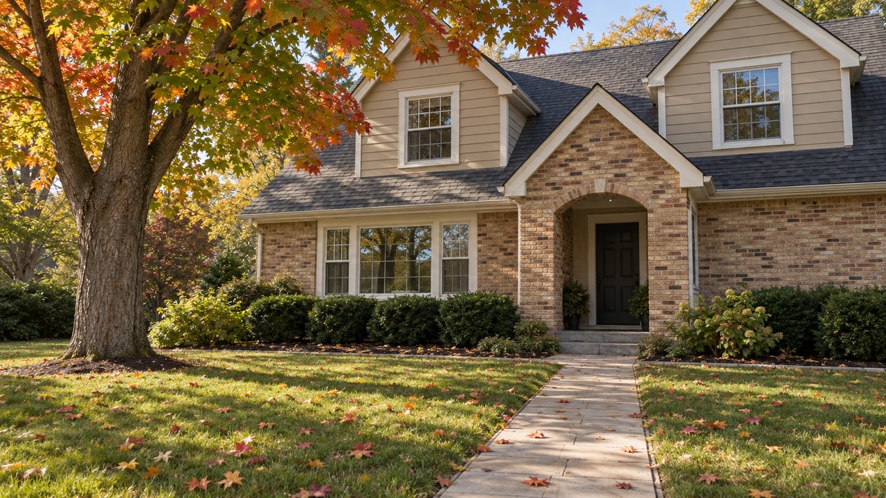 Two-story beige-and-brick house behind a lawn and paver walk, with an autumn maple at left.