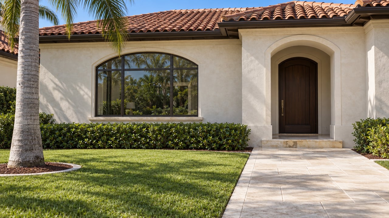 Sunlit stucco home with a terracotta tile roof, arched window, sheltered timber entry and limestone path beside a deep green lawn and royal palm.