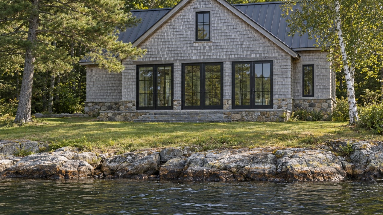 Waterfront home with gray cedar shingles, black-framed glass doors, stone terrace, and granite shoreline.