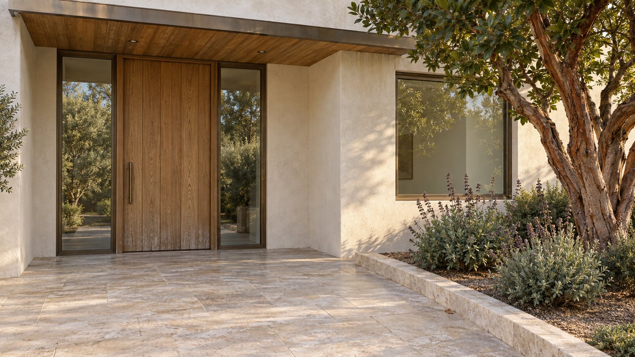 Warm afternoon light on a limestone entry terrace, oak front door and mature strawberry tree beside an ivory stucco home.