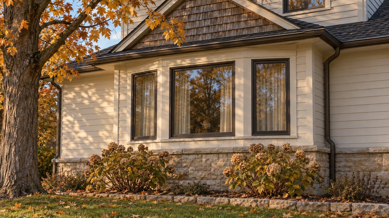 Autumn sunlight warms an ivory clapboard home's three-window bay, weathered cedar gable and limestone foundation beneath ochre maple branches.