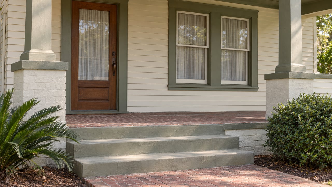 Bungalow porch with a timber door, two sash windows, three concrete steps, and holly and coontie plants.