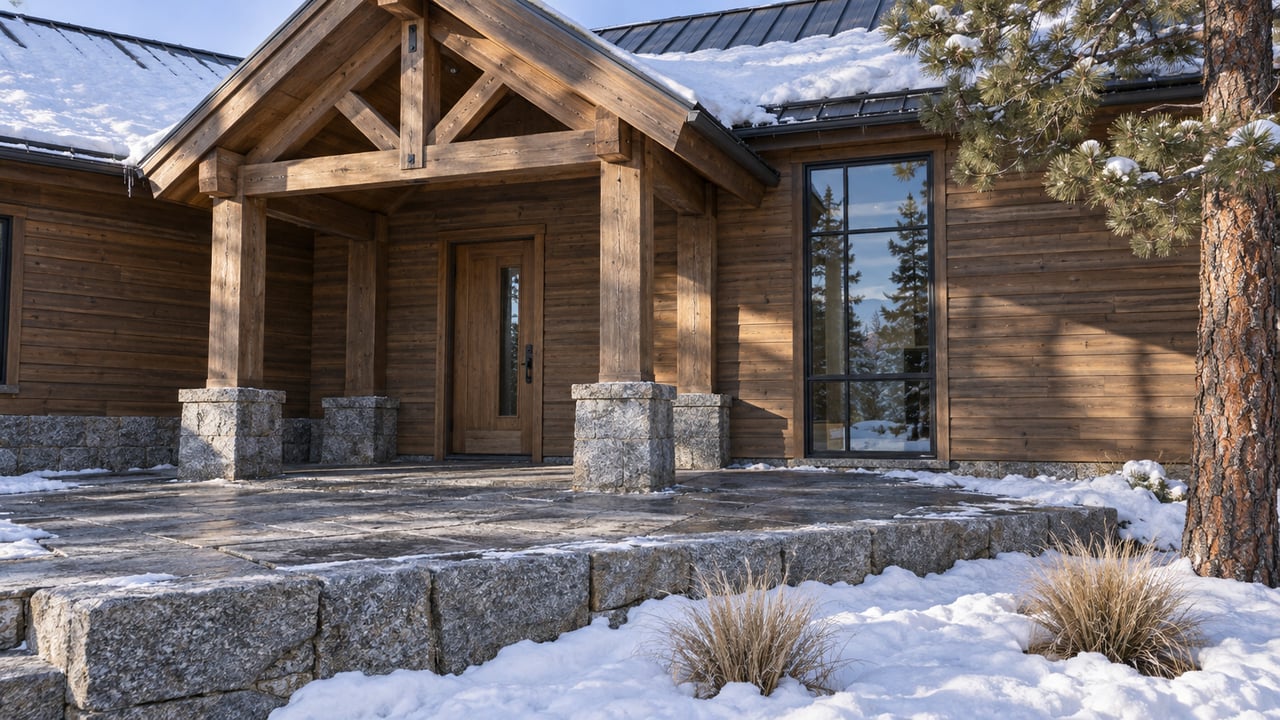 Winter sunlight on a timber-clad home's stone entry terrace, with a steep snowy roof and a mature pine.