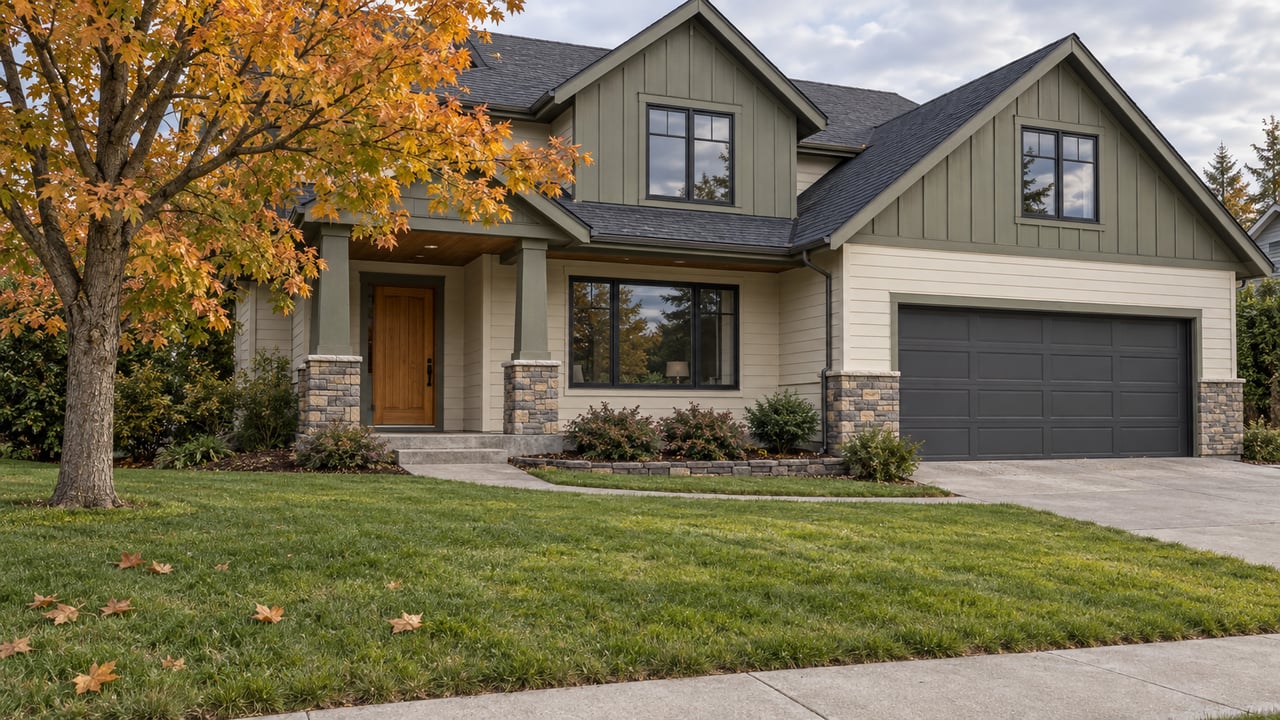 Updated gabled house with cream siding, dark garage door and a deep front lawn beside a copper-gold maple tree.
