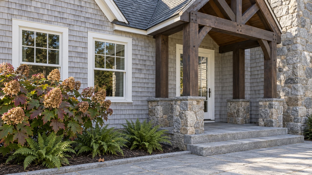 Pale cedar-shingled home with a dark timber entry porch, granite terrace and autumn oakleaf hydrangea.