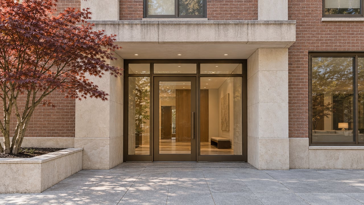 Brick and limestone condominium entrance with bronze-framed glazing, a granite approach and a red-leaved Japanese maple.