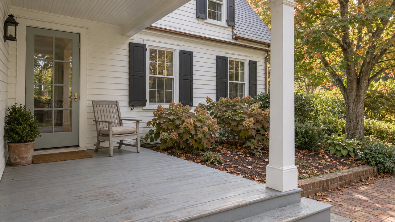 White clapboard cottage porch with worn gray floorboards, a wooden chair and brick steps beside autumn oakleaf hydrangeas and a red maple.