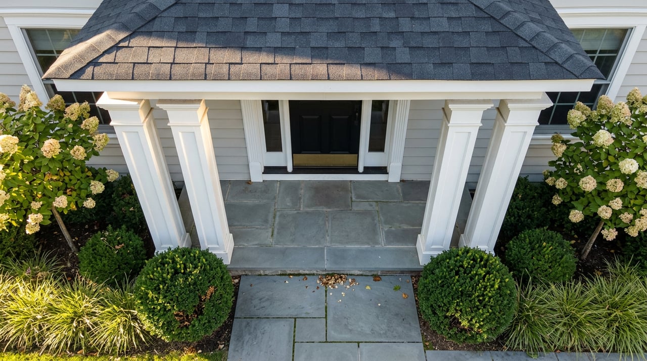 Overhead portico with shingle roof, white fluted columns, black door, bluestone landing, and clipped boxwood.