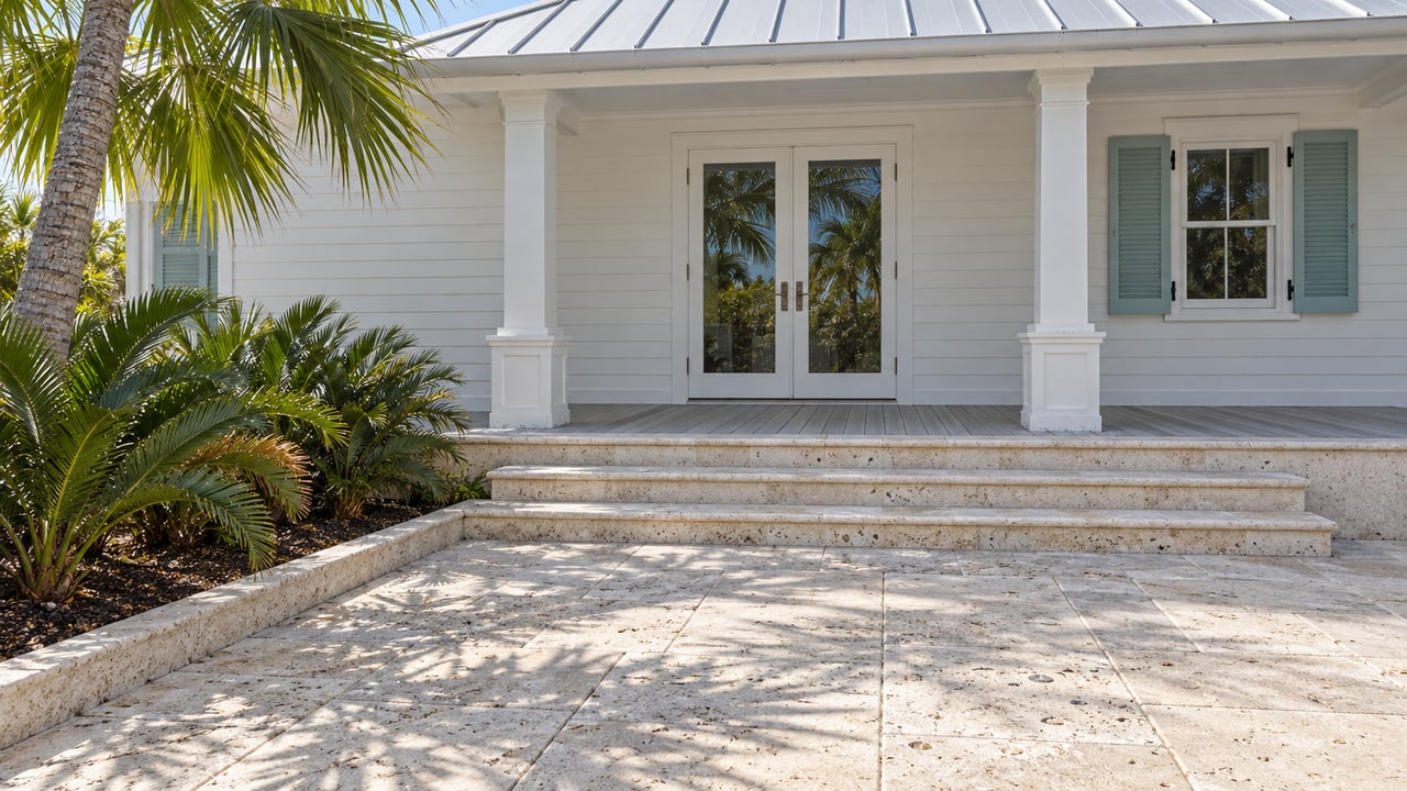 White clapboard home with a raised veranda, pale blue shutters and limestone steps beside a fan palm and coontie planting.