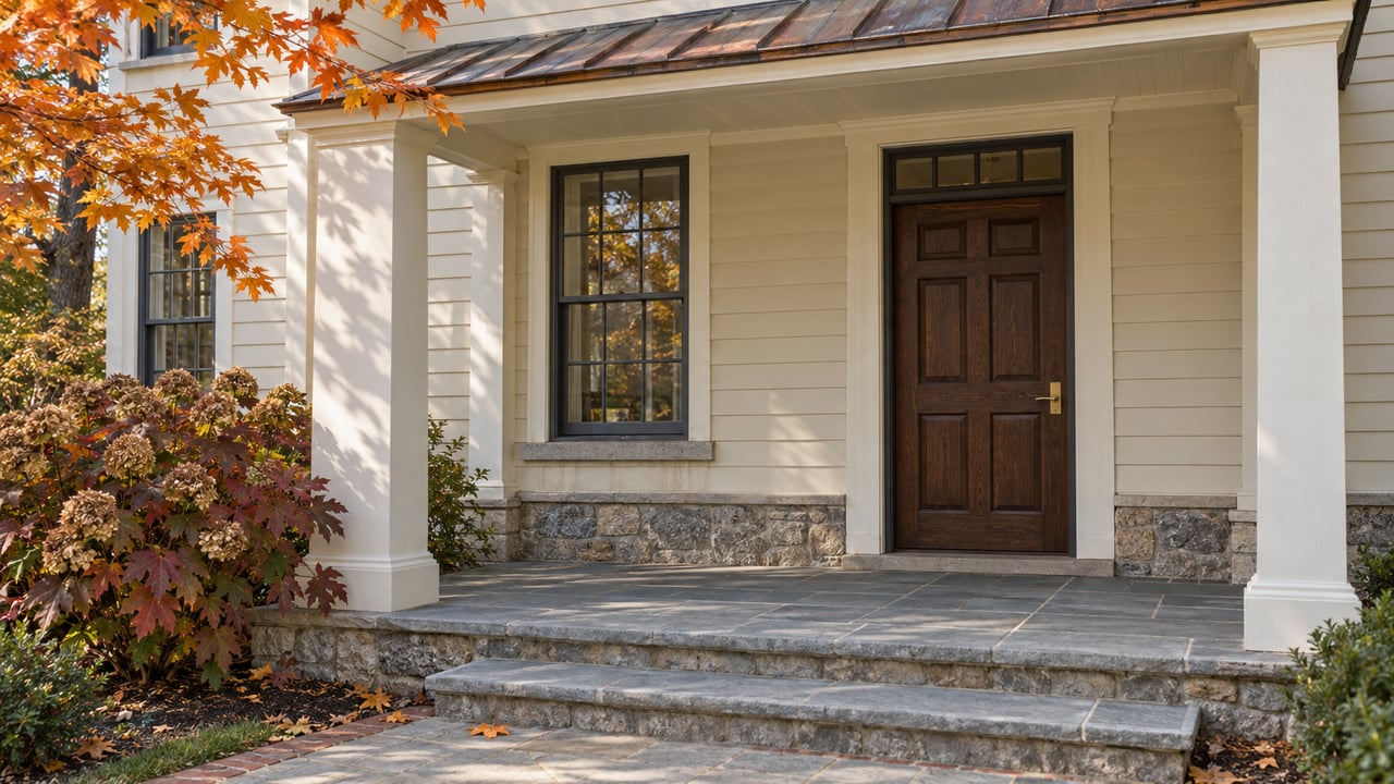 Sunlit covered entrance with ivory clapboard, a dark oak door, bluestone steps and burgundy oakleaf hydrangea.