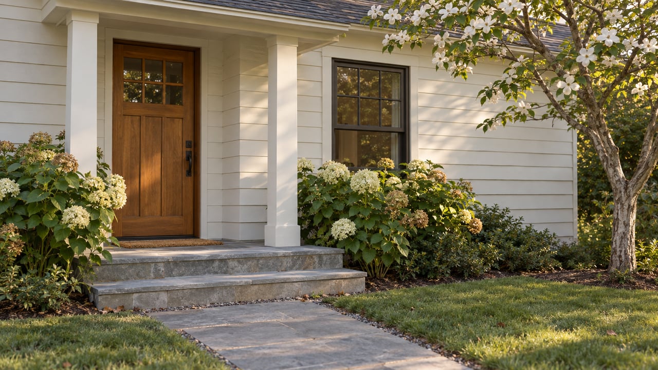 Cottage entry with a honey-toned wood door, limestone steps, flowering dogwood, and lawn.