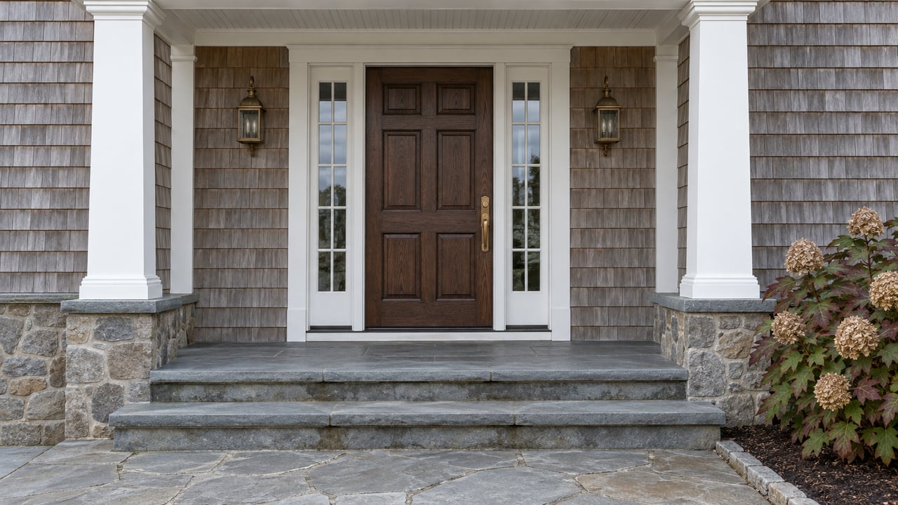Cedar-shingled home entry with a dark oak door, paired white columns, bluestone steps and autumn oakleaf hydrangea.